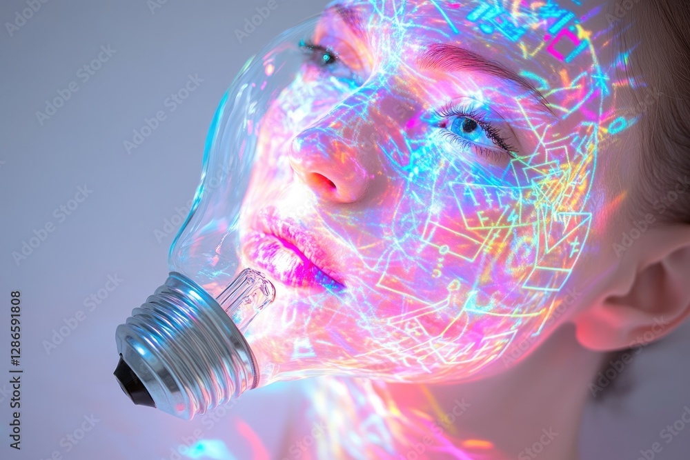 Poster a woman's face is illuminated with colorful, abstract patterns projected from a light bulb, symboliz