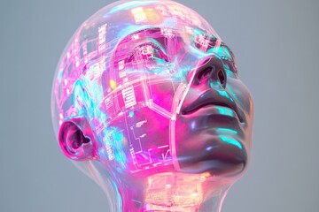 Translucent robotic head with neon circuit board patterns illuminating its features.