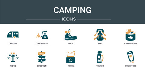 set of 10 outline web camping icons such as caravan, cooking gas, boot, raft, canned food, picnic, direction vector icons for report, presentation, diagram, web design, mobile app