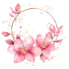 A delicate watercolor illustration features pink flowers and leaves arranged around a thin, circular gold frame. The flowers, resembling cherry blossoms, showcase soft pink petals and intricate yellow