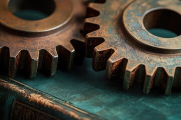 Close-up of two rusty bronze gears interlocked, resting on an antique book.
