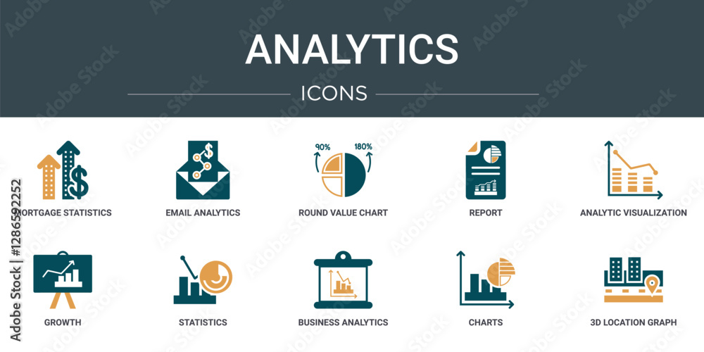Aufkleber set of 10 outline web analytics icons such as mortgage statistics, email analytics, round value char