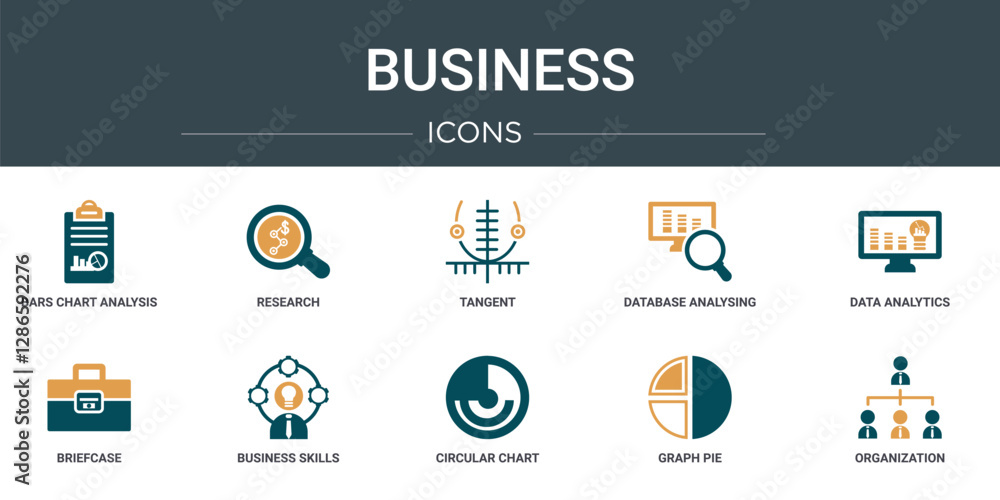 Poster set of 10 outline web business icons such as bars chart analysis, research, tangent, database analys