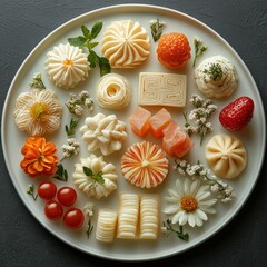 Artistic Food Presentation with Assorted Appetizers and Floral Accents on Plate