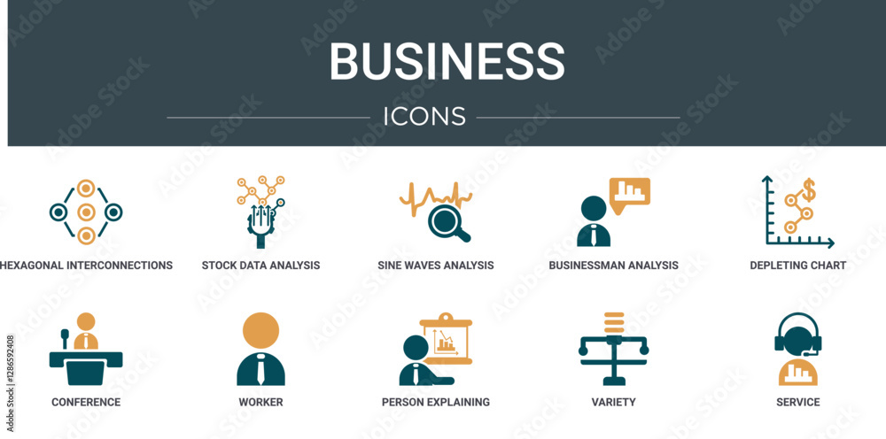 Poster set of 10 outline web business icons such as hexagonal interconnections, stock data analysis, sine w