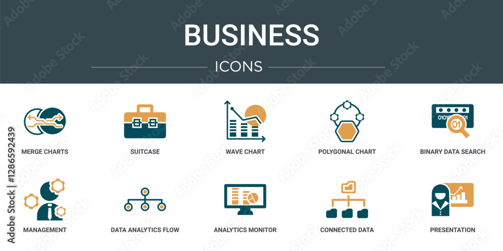 Poster set of 10 outline web business icons such as merge charts, suitcase, wave chart, polygonal chart, bi