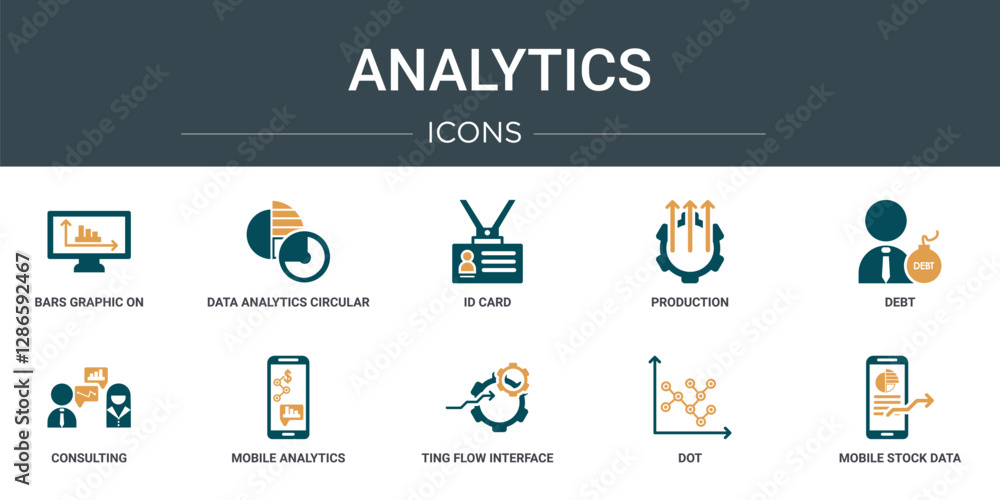 Poster set of 10 outline web analytics icons such as bars graphic on screen, data analytics circular, id ca