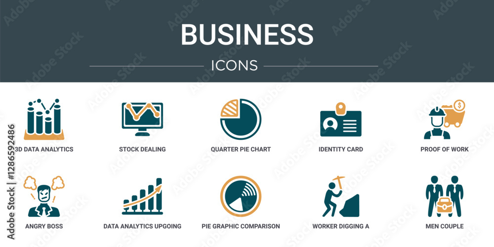 Poster set of 10 outline web business icons such as 3d data analytics bars graphic, stock dealing, quarter 