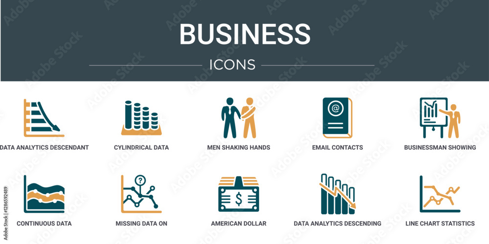 Poster set of 10 outline web business icons such as data analytics descendant graphic, cylindrical data gra