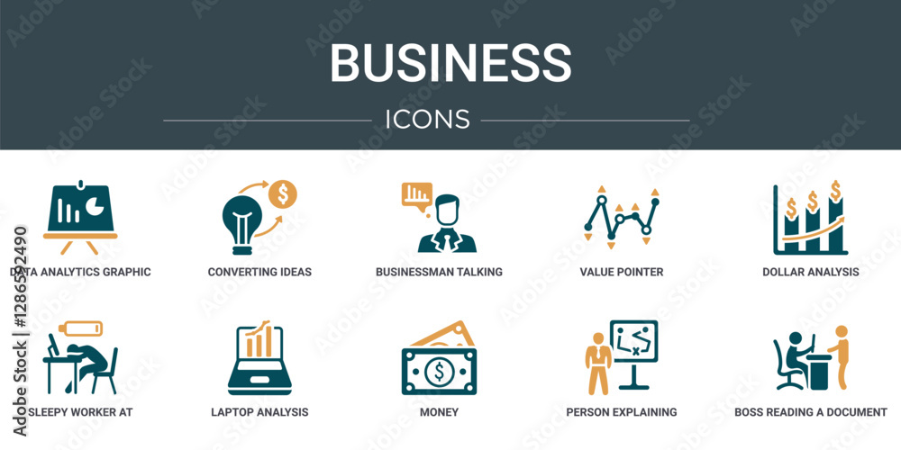 Poster set of 10 outline web business icons such as data analytics graphic on a presentation screen, conver
