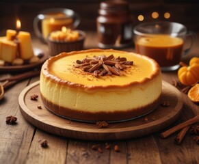 Warm spiced cheesecake with golden crust on a wooden table, spiced, chocolate, baked goods