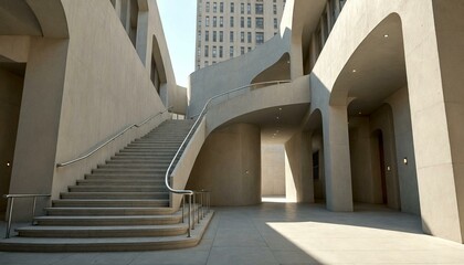 Fototapeta premium Modern building with curved staircase and skyscraper backdrop