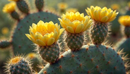 Close-up Yellow Cactus Flowers Blooming