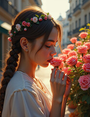 A beautiful woman with a floral crown, standing in the golden hour light of a city street, holding a flower close to her face. A serene, romantic moment, perfect for capturing natural beauty, feminine