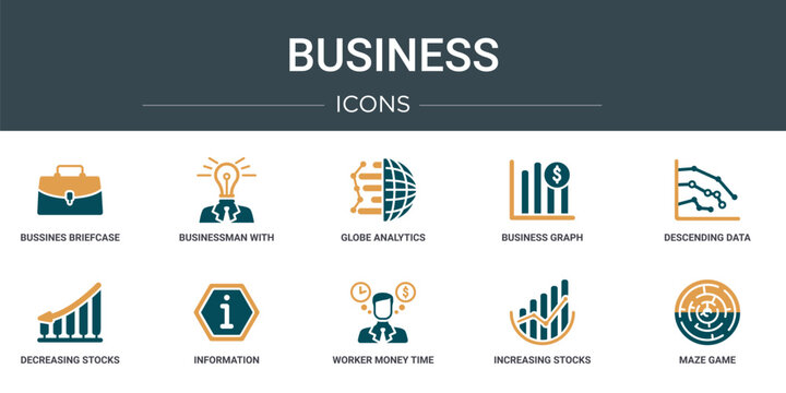 set of 10 outline web business icons such as bussines briefcase, businessman with an idea, globe analytics, business graph, descending data analytics line graphic, decreasing stocks bars graphic,