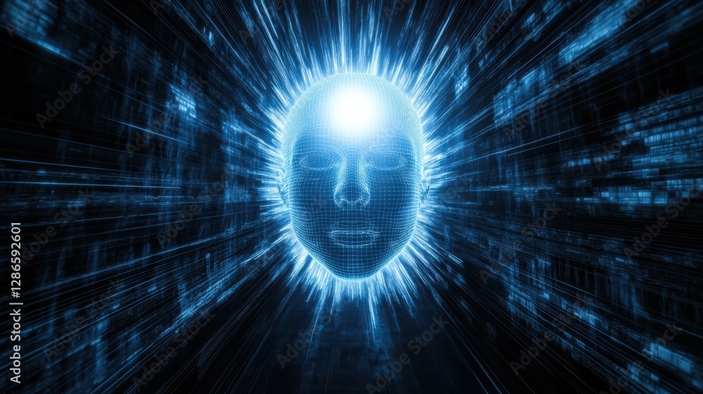 Aufkleber futuristic abstract digital face with radiating light and data streams in cybernetic environment