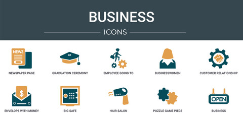 set of 10 outline web business icons such as newspaper page, graduation ceremony, employee going to work, businesswomen, customer relationship management, envelope with money inside, big safe vector