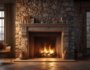 Warm light emanates from a classic stone fireplace, warm glow, comfortable seating, soothing warmth