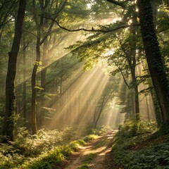 Naklejka premium golden rays cascade through verdant tapestry of a lush woodland, casting ethereal patterns of luminescence upon enchanted forest floor