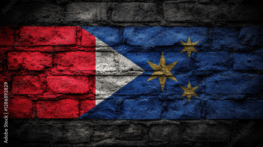Poster image features painted flag design textured wall, showcasing vibrant colors and distinct shapes. fla