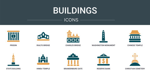 set of 10 outline web buildings icons such as prison, rialto bridge, charles bridge, washington monument, chinese temple, state building, hindu temple vector icons for report, presentation, diagram,