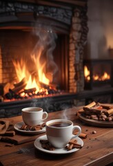 Warm and comforting scene featuring a steaming cup of coffee with cinnamon and melted dark chocolate alongside a crackling fireplace, inviting, comforting, cinnamon