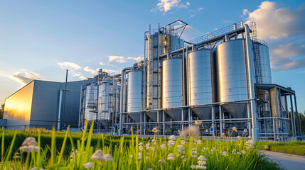 A modern industrial plant converting biomass fuel into bioenergy, emphasizing the role of renewable energy in reducing carbon emissions.