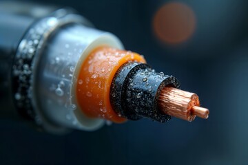 Single Core Cable. Detailed macro photograph of industrial power cable showing copper conductor and insulation layers with water droplets.