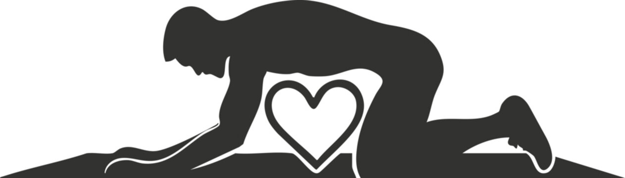Silhouette of a person in a yoga pose with heart symbol.