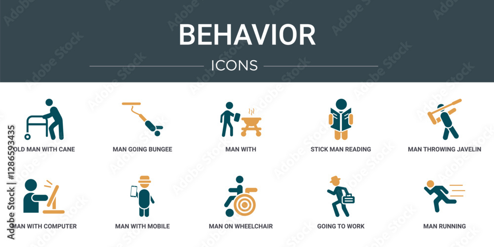 Poster set of 10 outline web behavior icons such as old man with cane, man going bungee jumping, man with, 