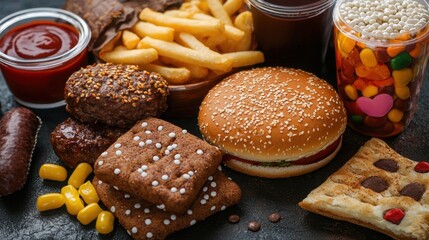 Unhealthy food products, High-calorie assortment for figure, skin, heart and overall well-being featuring burgers, fries, and sweets