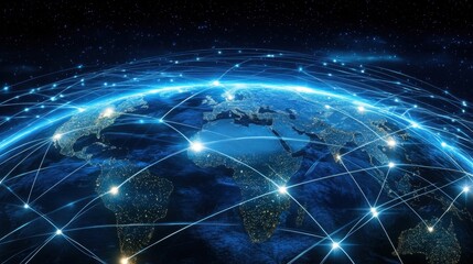 A global business network with connected digital nodes, showcasing human resources collaboration and seamless communication worldwide.