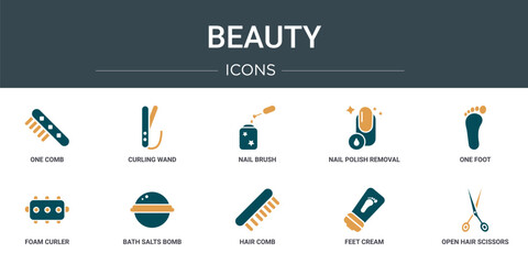 set of 10 outline web beauty icons such as one comb, curling wand, nail brush, nail polish removal, one foot, foam curler, bath salts bomb vector icons for report, presentation, diagram, web design,