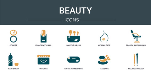 set of 10 outline web beauty icons such as powder, finger with nail, makeup brush, woman face, beauty salon chair, hair spray, patches vector icons for report, presentation, diagram, web design,