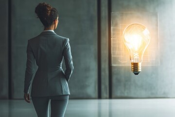 Obraz premium Businesswoman contemplating a bright idea, symbolizing innovation and creative solutions.