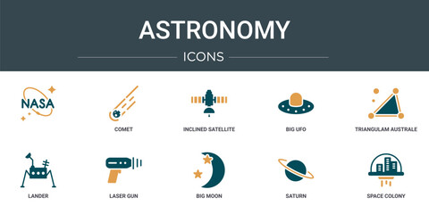 set of 10 outline web astronomy icons such as  , comet, inclined satellite, big ufo, triangulam australe, lander, laser gun vector icons for report, presentation, diagram, web design, mobile app © Digital Bazaar