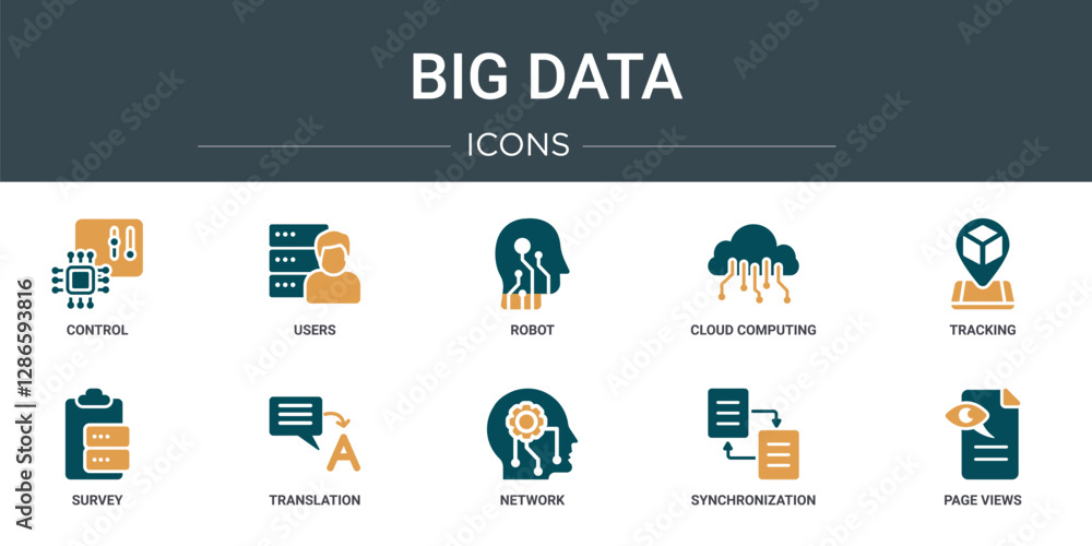 Poster set of 10 outline web big data icons such as control, users, robot, cloud computing, tracking, surve