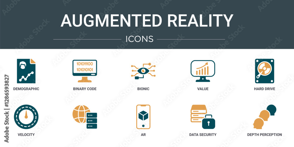 Poster set of 10 outline web augmented reality icons such as demographic, binary code, bionic, value, hard 