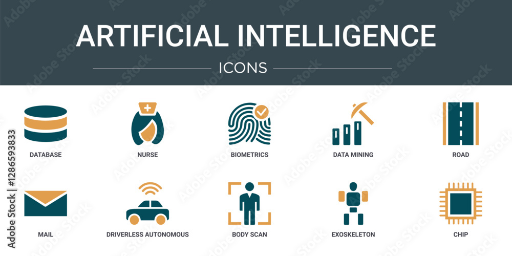 Poster set of 10 outline web artificial intelligence icons such as database, nurse, biometrics, data mining