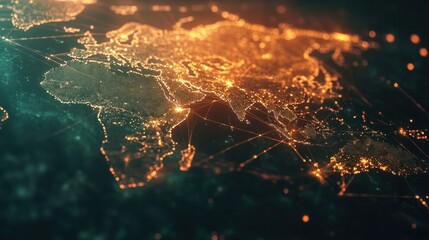 A global connectivity concept featuring a sleek, modern world map with bright, moving digital network lines linking key regions.