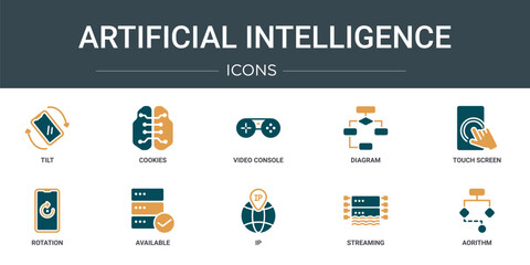 set of 10 outline web artificial intelligence icons such as tilt, cookies, video console, diagram, touch screen, rotation, available vector icons for report, presentation, diagram, web design,