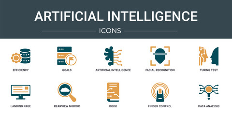 set of 10 outline web artificial intelligence icons such as efficiency, goals, artificial intelligence, facial recognition, turing test, landing page, rearview mirror vector icons for report,