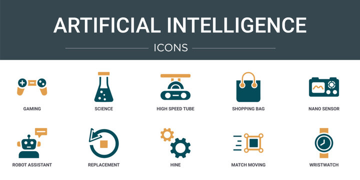 set of 10 outline web artificial intelligence icons such as gaming, science, high speed tube, shopping bag, nano sensor, robot assistant, replacement vector icons for report, presentation, diagram,