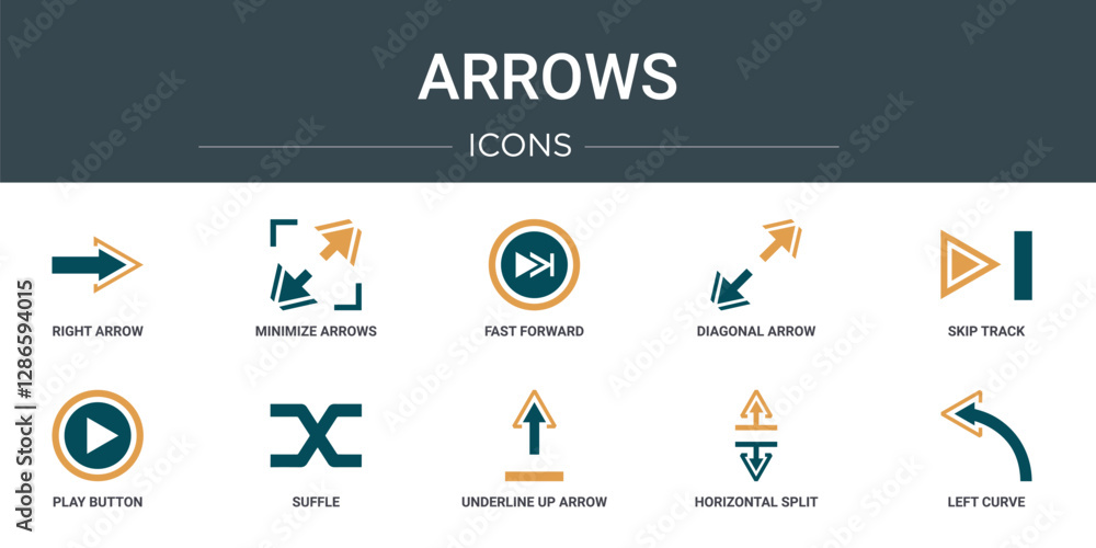 Poster set of 10 outline web arrows icons such as right arrow, minimize arrows, fast forward, diagonal arro