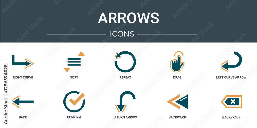 Poster set of 10 outline web arrows icons such as right curve, sort, repeat, drag, left curve arrow, back, 