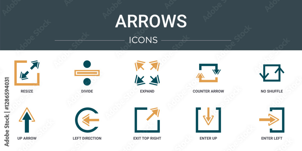 Poster set of 10 outline web arrows icons such as resize, divide, expand, counter arrow, no shuffle, up arr