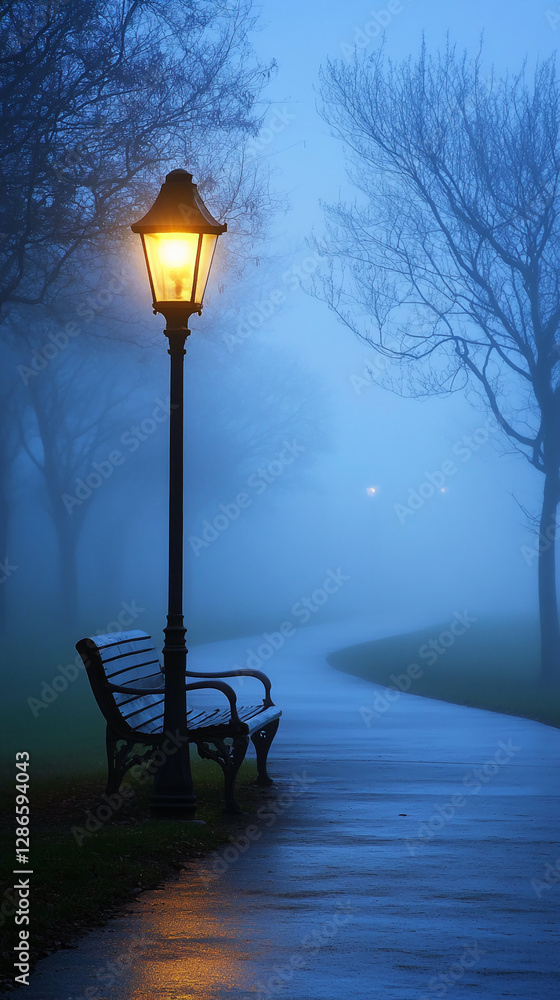 Poster a lone bench under a streetlamp on a misty path, with the warm light illuminating the fog, creating 