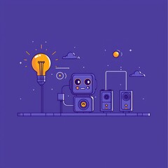 Obraz premium Robotic Innovation: A stylized illustration showcases a cute robot illuminating a lightbulb, representing creativity and technological progress on a striking, color-rich background.
