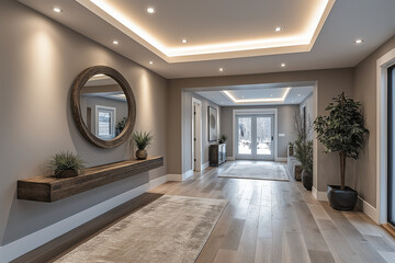 Photographie immobili&egrave;re d&rsquo;une entr&eacute;e moderne avec une console en bois suspendue, grand miroir d&eacute;coratif, tableau, &eacute;clairage encastr&eacute; doux et plantes