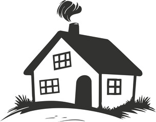 Black silhouette of house with chimney and smoke on a hill.